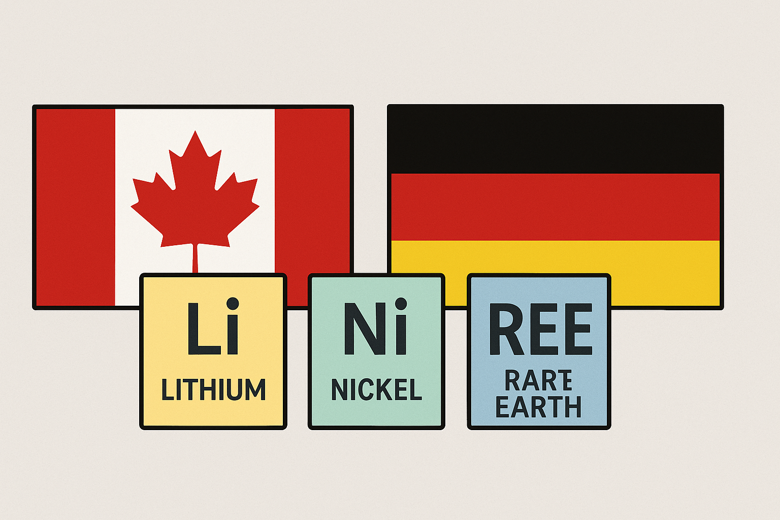 Canada and Germany flags with critical minerals, symbolizing cooperation between Merz and Carney on critical minerals.