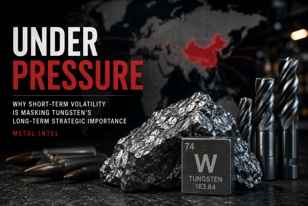 Poster-style cover with the headline 'UNDER PRESSURE' and tungsten block atop a rock, drill bits nearby, and a world map backdrop, signaling metal supply pressures.