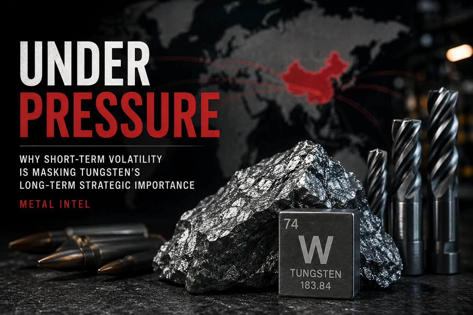 Poster-style cover with the headline 'UNDER PRESSURE' and tungsten block atop a rock, drill bits nearby, and a world map backdrop, signaling metal supply pressures.