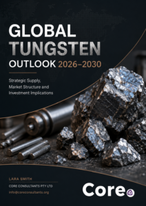 Cover page for Global Tungsten Outlook 2026-2030 showing a pile of tungsten ore rocks and metal rods against a dark background.