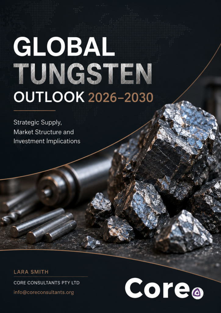 Cover page for Global Tungsten Outlook 2026-2030 showing a pile of tungsten ore rocks and metal rods against a dark background.