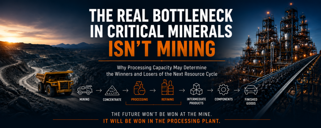 Banner showing a mining site on the left and a refinery on the right with the headline 'The Real Bottleneck in Critical Minerals Isn't Mining' and a supply‑chain flow from mining to finished goods.