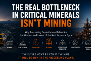 Banner showing a mining site on the left and a refinery on the right with the headline 'The Real Bottleneck in Critical Minerals Isn't Mining' and a supply‑chain flow from mining to finished goods.